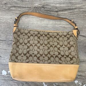 Coach 2156 Signature Logo Tan Leather/Fabric Bag CLASSIC Monogram w/Charm